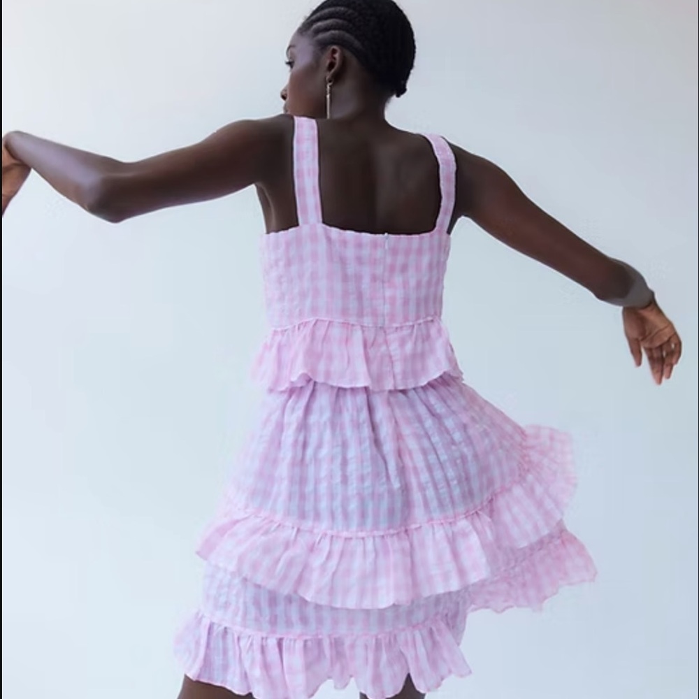 Tach Pink Linen Gingham Ruffle Dress